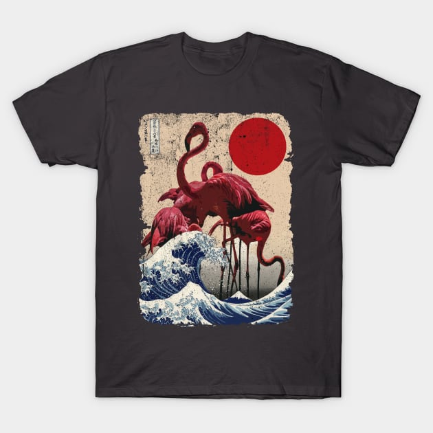 Giant Flamingos And The Wave (distressed) T-Shirt by DavidLoblaw